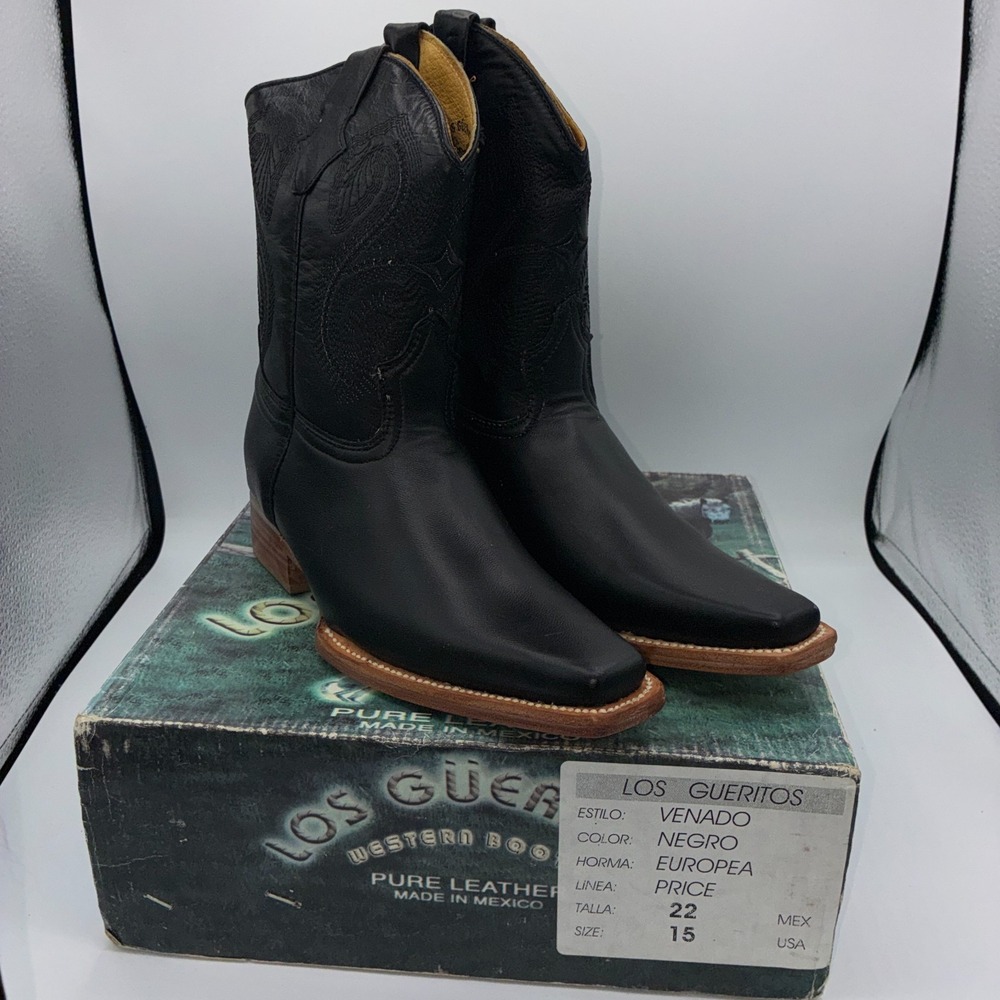 Los Gueritos Western Boots Kids Size 2.5 Black Leather Cowboy NEW